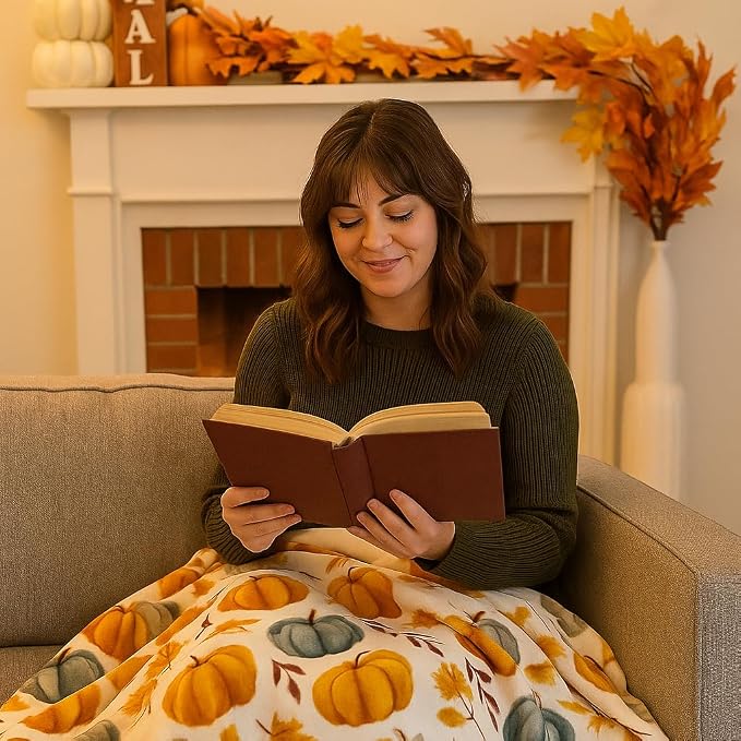 Serafina Home Autumn Fall Fleece Throw Blanket: Thanksgiving Soft Velvety Blanket for Couch Bed Sofa, 70" x 50" (Pastel Pumpkins)