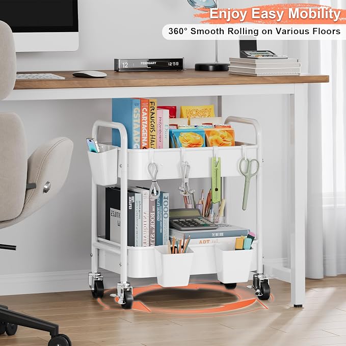 2 Tier Small Rolling Cart Metal with Wheels, White Under Desk Storage Cart on Wheels, Short Utility Roller Caddy Carts Organizer for Art,Craft,Pantry,Bathroom, Two Tiered Shelf Trolley, 22 Inches Tall