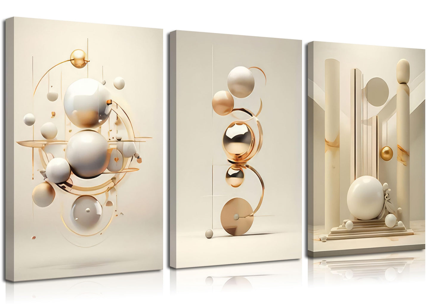 3pcs Modern Three-Dimensional Geometric Spheres Canvas Wall Art Abstract Luxury Beige Gold Wall Decor Pictures Minimalist Medieval Posters Prints for Bedroom Living Room Office Scene Home Decoration