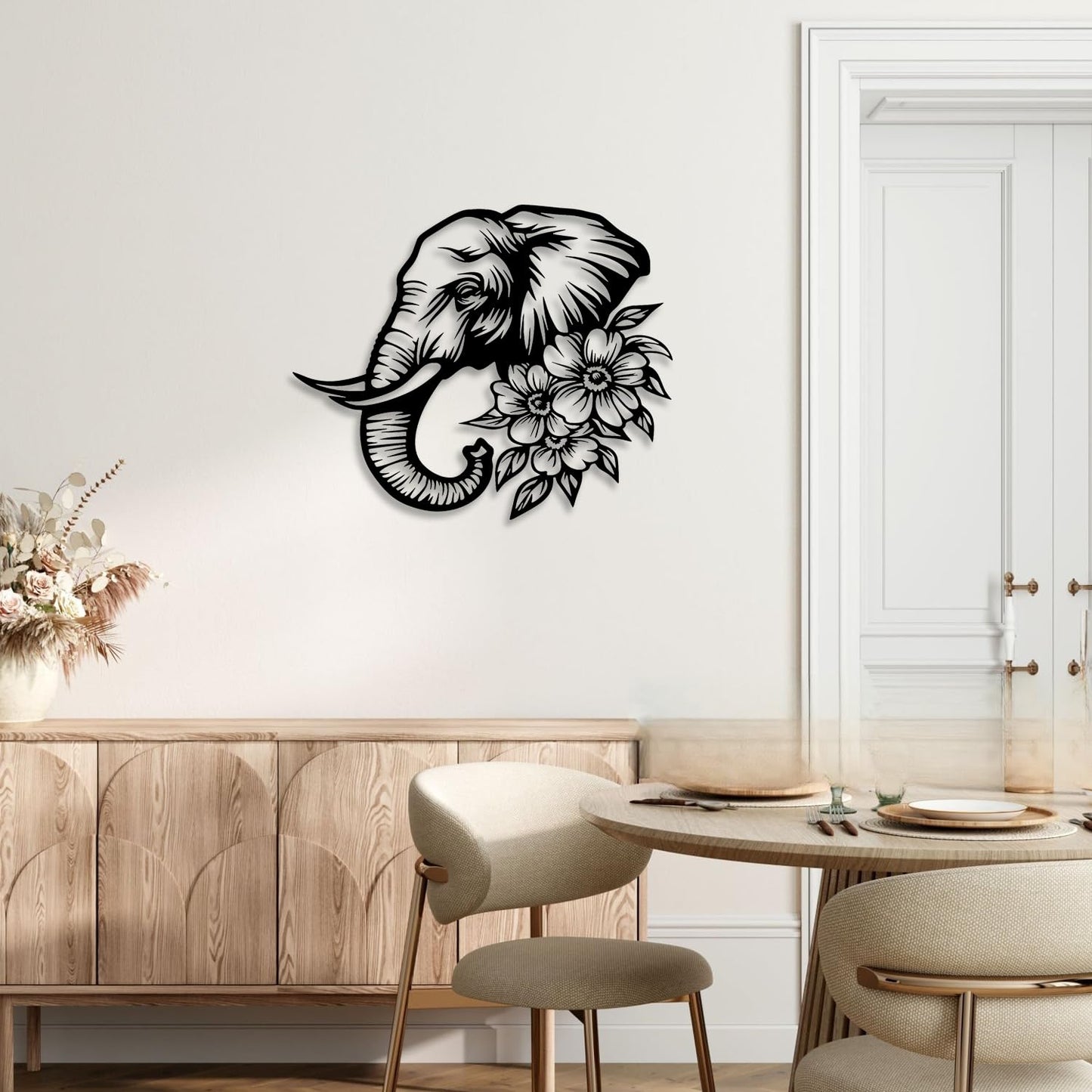 LIYOUYA Elephant Flower Metal Wall Decor - Rustic Farmhouse Room Decor Simple Black Wall Art Home Decor for Living Room, Bedroom, Dining Room, Garden, Courtyard (Black)