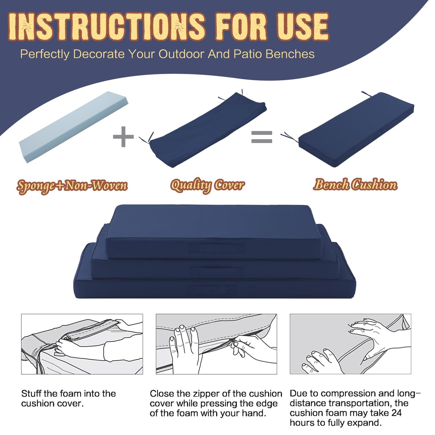 YIJIAN HOME Outdoor Bench Cushion 48 x 18 x 4 Inch, Memory Foam Patio Bench Cushion for Outdoor Furniture Waterproof, Porch Swing Pad with Handle and Adjustable Strap, Navy