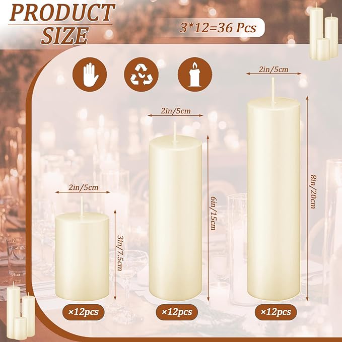 Ivroy Pillar Candles Bulk Set of 36，Hurricane Candlesï¼? Different Lengths 2 x 3/6/8 Inch (12 Each)，Dripless Unscented Smokeless，Gives You a Better Atmosphere When Organizing an Event Party.