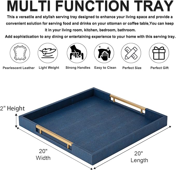 Navy Blue Faux Leather Large Square Decorative Serving Tray with Handles – for Coffee Table, Ottoman, Living Room, Bathroom & Home Decor