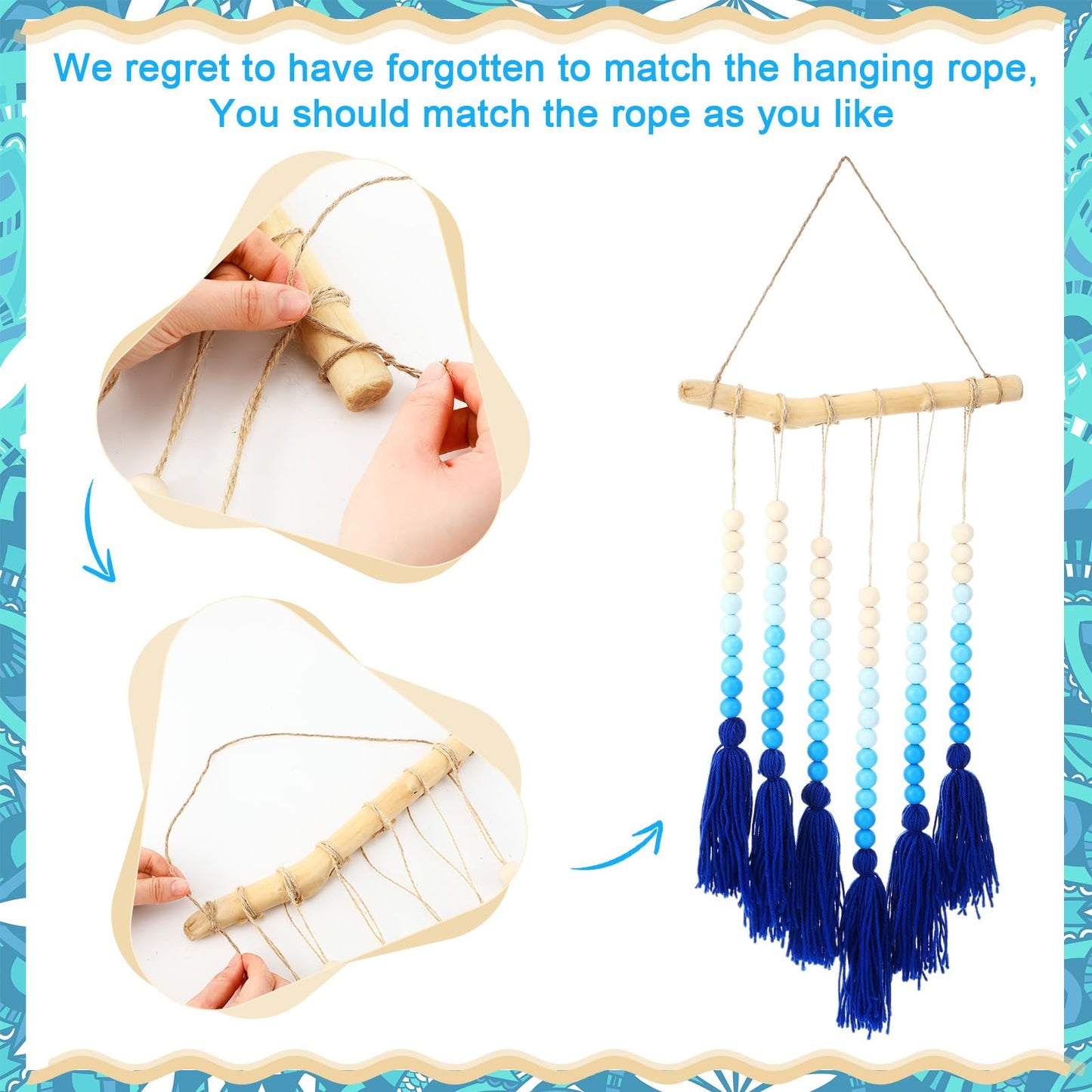 Suncalla Large Macramé Boho Chic Wooden Bead Wall Hanging Tapestry Decor Blue Bead Bedroom Art Decor with Tassels for Living Room Apartment Home Nursery Birthday Party Backdrop