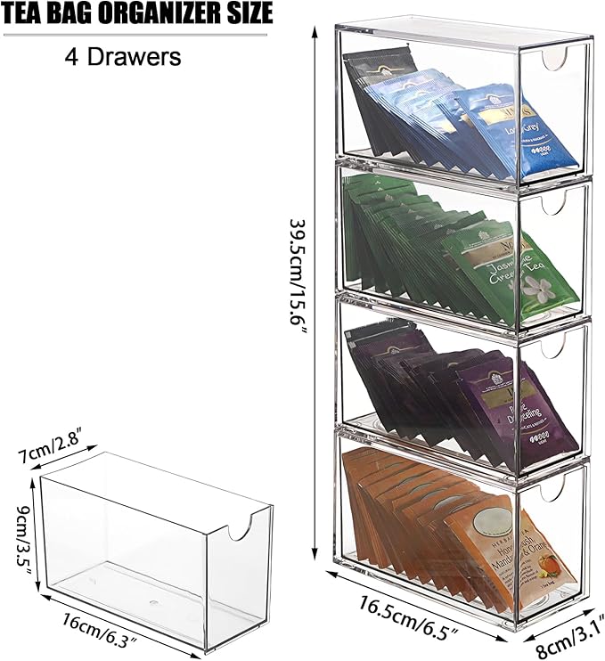 ELLDOO 4 Drawers Tea Bag Organizer, Clear Acrylic Stackable Tea Bag Storage Holder for Kitchen Pantry, Coffee Pod Snack Storage for Countertop Cabinet