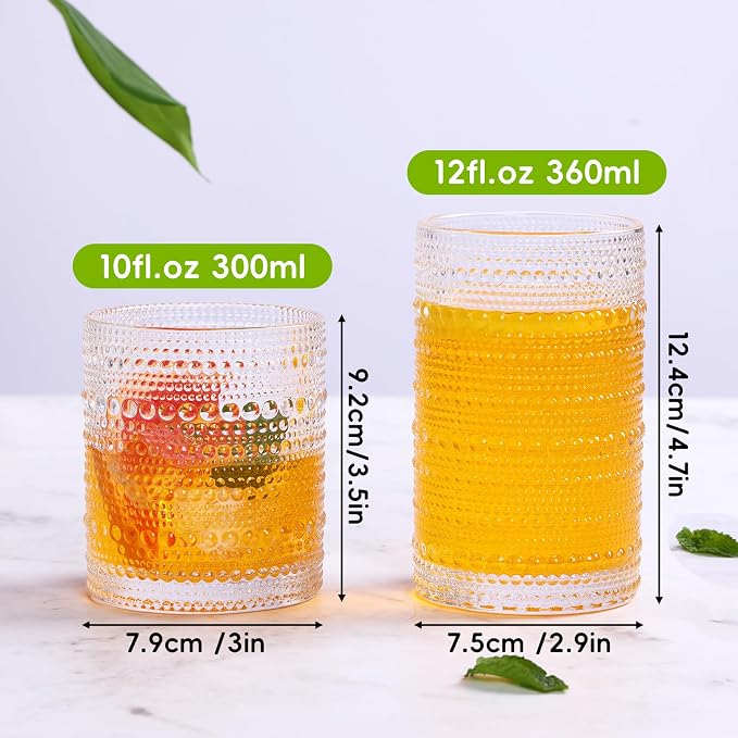 Moretoes Hobnail Drinking Glasses Set of 12, 12 Oz Highball Glasses & 10 Oz Cocktail Glasses, Clear Embossed Boho Glass Cups Kitchen Bar Tumbler Glassware Set for Whiskey, Beer, Juice, Milk