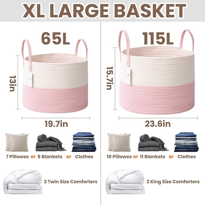 JMvicyroam 65L Extra Large Blanket Basket for Living Room - Woven Cotton Rope Laundry Hamper with Reinforced Handles - Storage Bin for Pillows, Comforters & Toys - Machine Washable,White&Pink