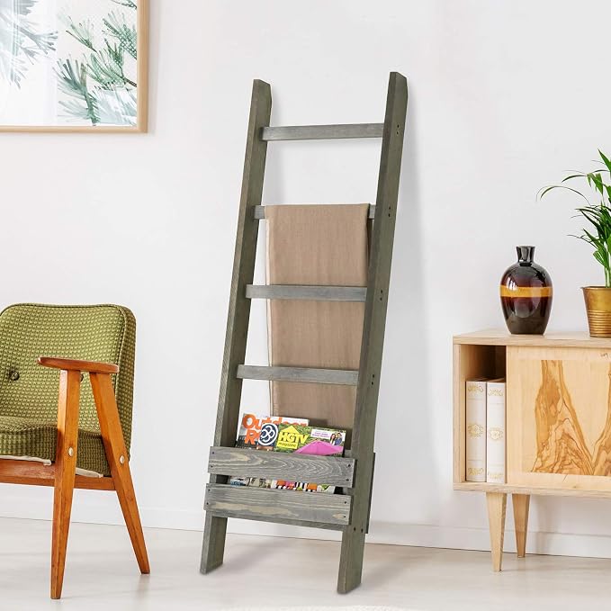 MyGift Blanket Ladder with Storage Shelf, Wooden Blanket Holder Rack, Decorative Ladder Shelf, Drying and Display Rack for Bathroom, Living Room, Gray