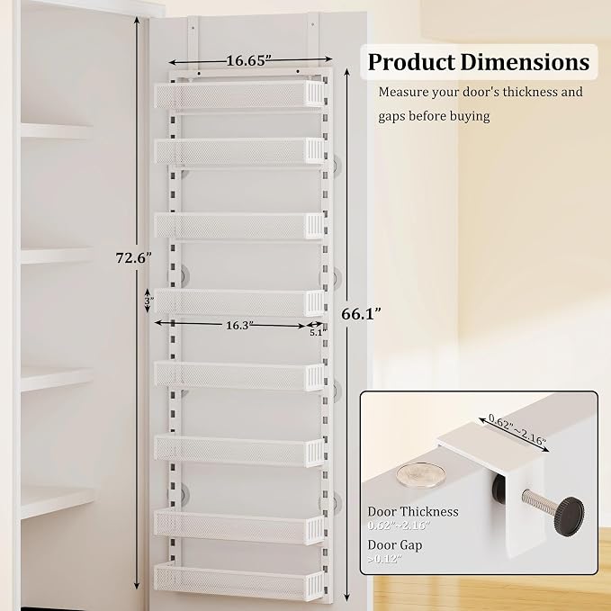 Over the Door Pantry Organizer, 8-Tier Over the Door Spice Rack with Adjustable Baskets, Wall-Mounted or Hanging Shelves for Kitchen, Laundry Room, Bathroom(White, 16.65"W x 5.2"D x 72.6"H)