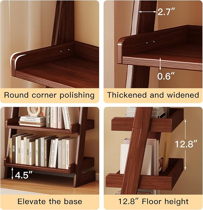 5 Tier Ladder Shelf, Leaning Bookshelf with Wood Frame, 5 Shelf Tall Bookcase Standing Storage Organizer Solid Wood Storage Shelves for Living Room, Bedroom, Home Office (Walnut)
