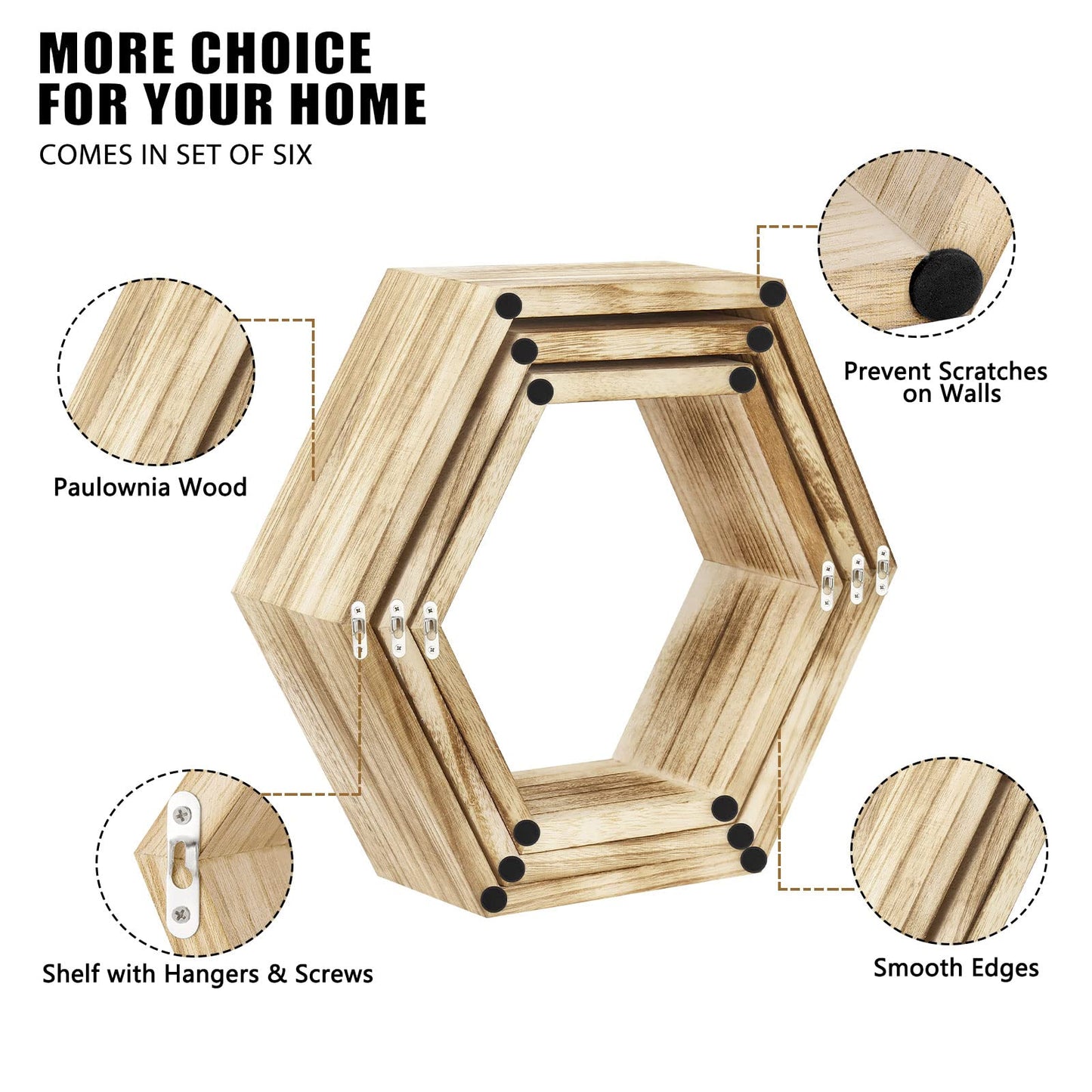NOVIMANGO Hexagonal Floating Shelves Wall Mounted Set of 6 Wooden Hexagon Shelves Farmhouse Storage Honeycomb Shelves Hexagon Hanging Shelves Rustic Geometric Shelf for Nursery Bedroom Living Room