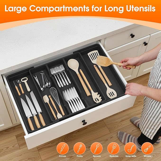 Silverware Organizer, Expandable Utensil Drawer Organizer for Kitchen Drawers, Kitchen Drawer Organizer for Spoons/Forks/Knives, Multipurpose & BPA Free Cutlery Tray, Black, 2 Pack