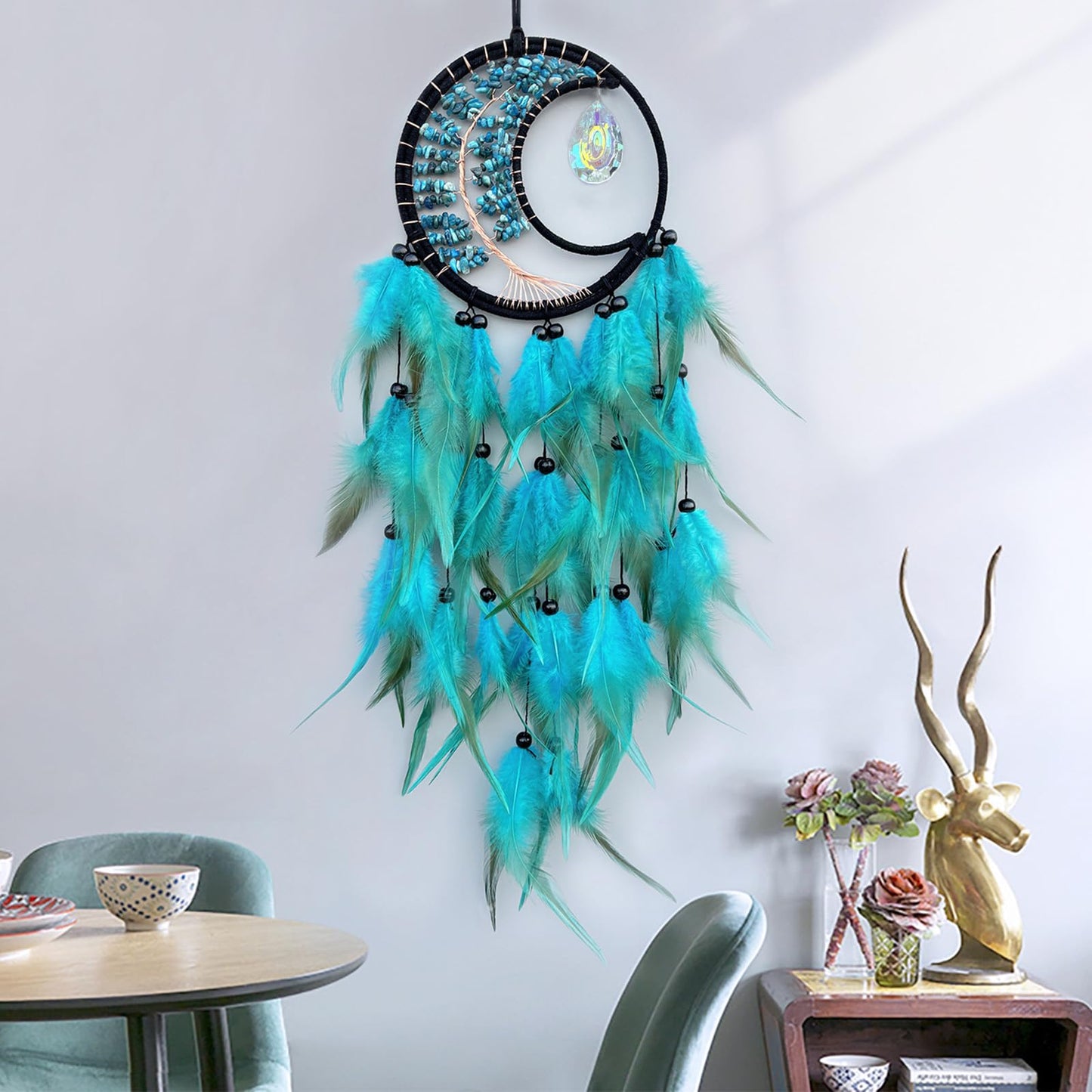 RAGKUU Blue Dream Catcher Wall Decor Tree of Life Dream Catchers with Crystal Pendant Handmade Feather Dreamcatcher Wall Hanging Ornament for Bedroom Living Room Home Decor