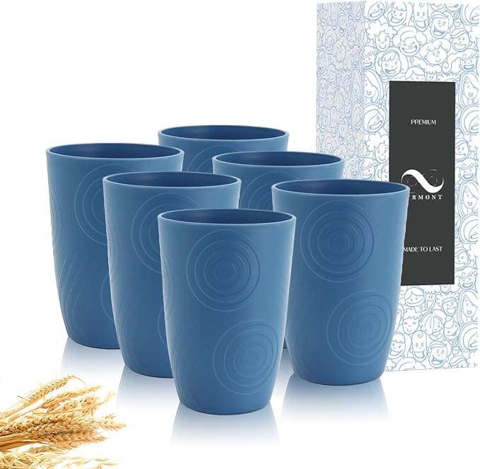 PYRMONT Wheat Straw Cups 16 Oz Alternative Plastic Cups Set of 6 Unbreakable Water Cups for Kitchen Dishwasher & Microwave Safe Drinking Cups for Camping,Office,RV Stackable Cups-Darkblue