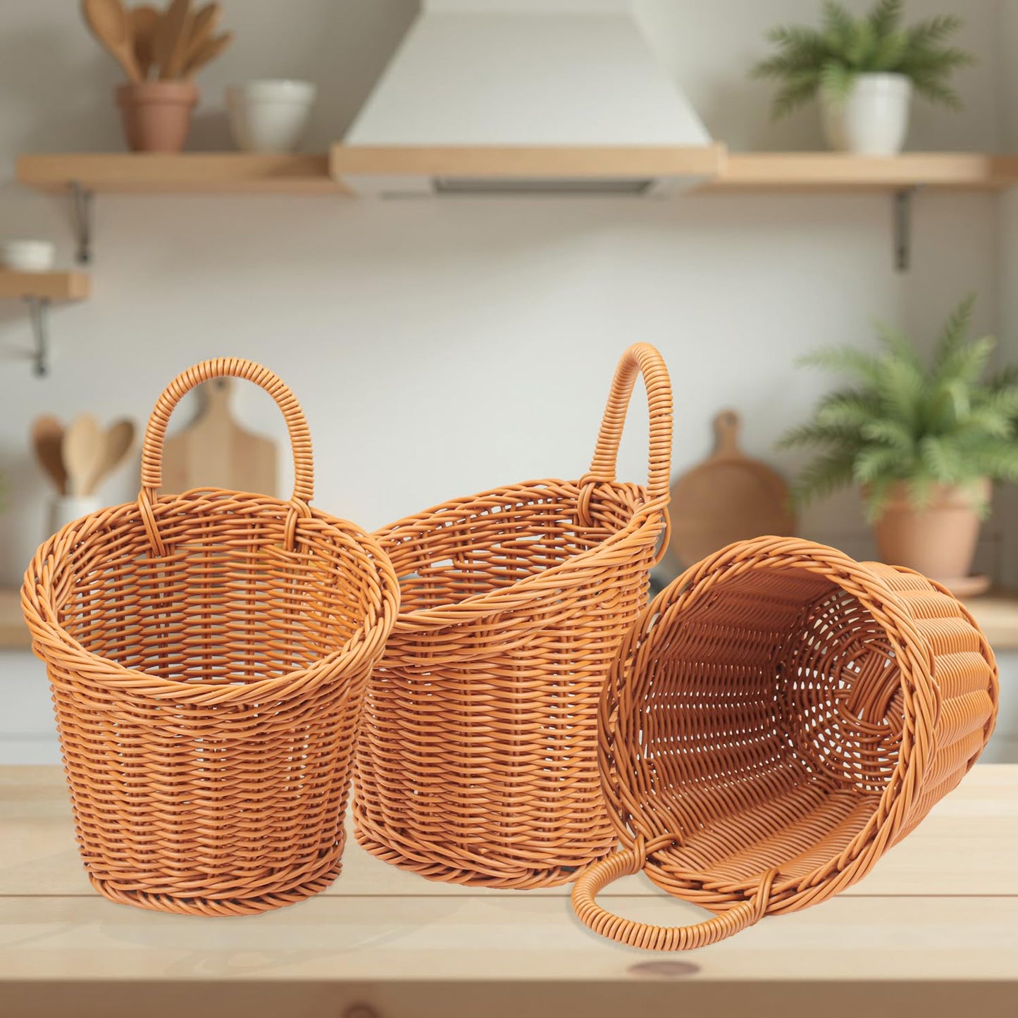 Geytetqi 5 Pack 6.7 x 6 inch Woven Hanging Fruit Basket, Wall Hanging Wicker Baskets, Wall Fruit Wicker Basket for Kitchen, Planter, Vegetable & Fruit, Boho Home Decor