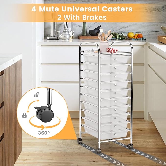 COSTWAY 10-Drawer Rolling Storage Cart, Utility Mobile Trolley with Removable Drawers & Universal Casters & 2 Brakes, Versatile Flexible Drawer Organizer Cart for Home, Office (Clear)