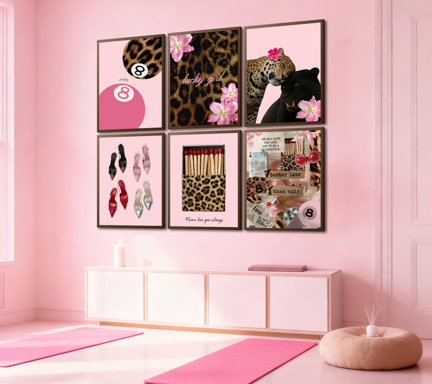 6Pcs Trendy Pink Leopard Canvas Wall art Preppy Y2K Posters Print Artwork Fashion Cheetah Flowers Painting Pictures Wall Decor for Girls' Room Dormitory Apartment Home Decoration 8x10in Unframed