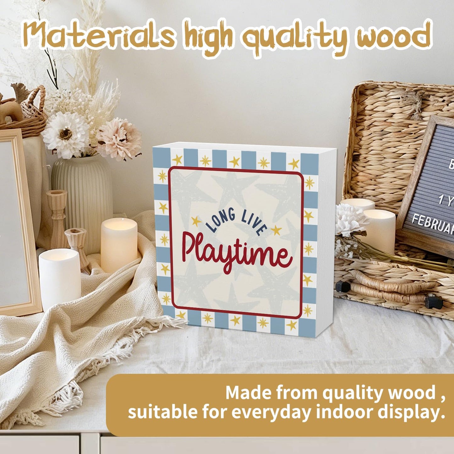 YZSLA Playroom Wall Decor,Long Live Playtime Woodne Sign Decor,Toddler Playroom Decor Wood Block Box Sign for Kids Room Bedroom Shelf Tabletop Wall Decor,5x5 Inch