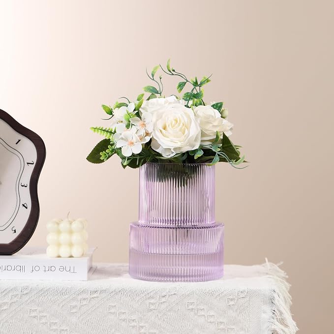 Ribbed Glass Vase, Flower Vase, Fluted Purple Vases for Flowers, Modern Vases for Living Room, Dining Table, Entryway, Shelf, Wedding, Office, Coffee Table, Birthday, 7.5 Inches