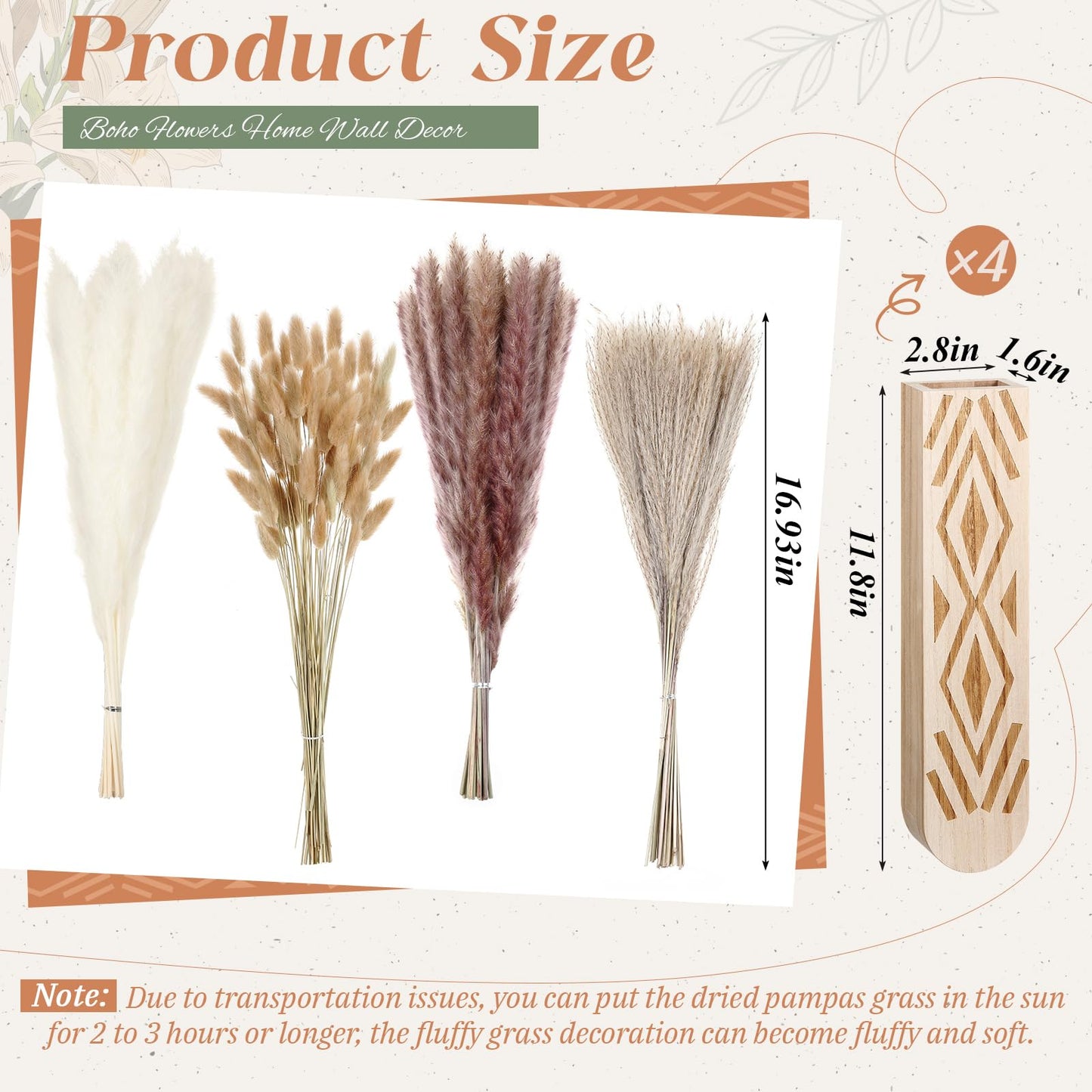 Suncalla 4 Pack Wooden Wall Planter with 110 Pampas Grass Modern Boho Wall Decor for Living Room Bedroom Bathroom Entryway, Farmhouse Rustic Art Vase for Dried Flower Faux Plant Home Office Decor