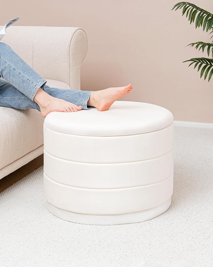 B FSOBEIIALEO Round Velvet Storage Ottoman with Tray, Folding Ottoman with Storage Coffee Table Foot Rest for Dorm Room, Living Room White, 22.83"x22.83"x17.32"