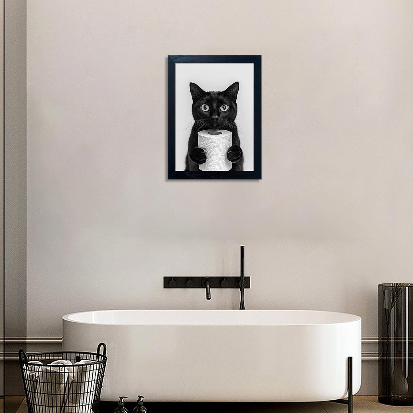 Framed Funny Black Cat Holding Toilet Paper Roll Canvas Print Poster Black and White Bathroom Wall Art Animal Painting Bathroom Pictures Wall Decor