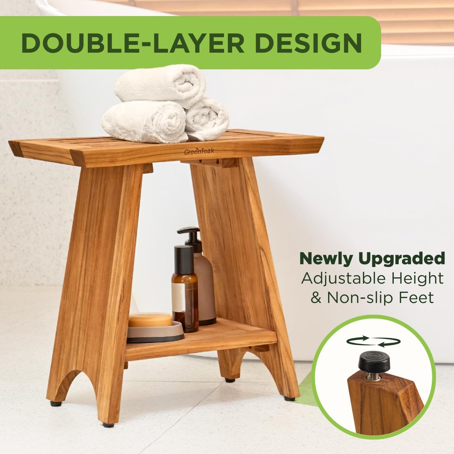 GREENTEAK Premium 18" Teak Wood Shower Bench, Waterproof Teak Shower Stool, Non-Slip Feet for Enhanced Safety, Spa Bath Seat for Bathroom, Indoor & Outdoor Use, 300 lb (Upgrade 18" 2-Tier, Straight)