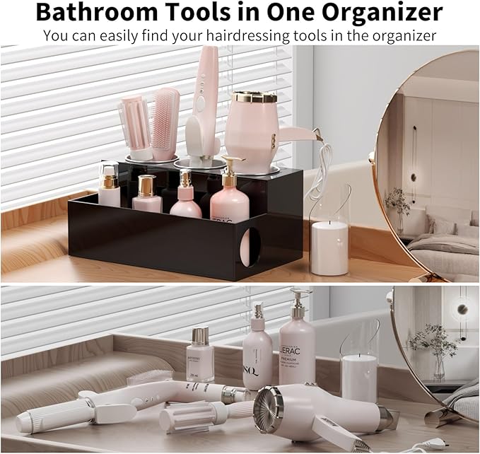NIUBEE Hair Tool Organizer, Black Acrylic Hair Dryer and Styling Holder, Bathroom Countertop Blow Dryer Holder, Vanity Caddy Storage Stand for Accessories, Makeup, Toiletries