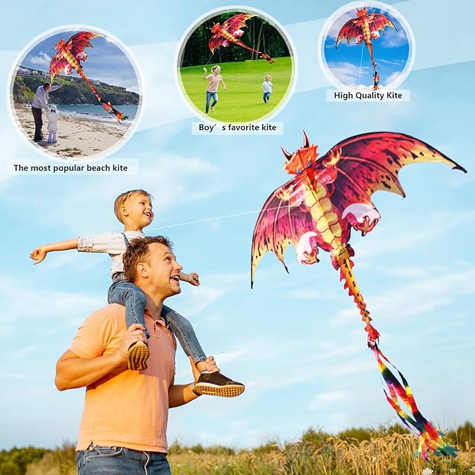 eyijklzo Green Dragon Kite Beautiful and Easy Flyer Kite for Children and Adult with Long Colorful Tail String Line Accessories Easy to Soar High Outdoor Sports Game Activities or Beach Trip
