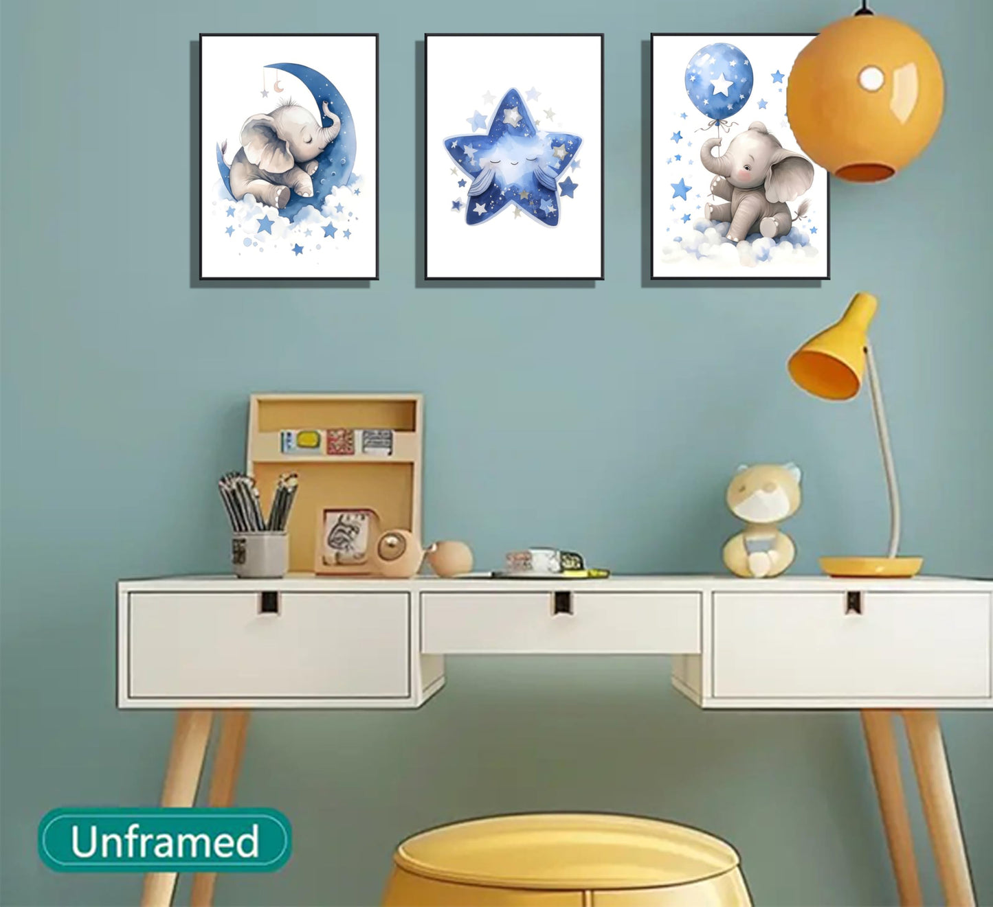 3Pcs Blue Nursery Elephant Canvas Wall Art Baby Boy Wall Decor Cute Animal Painting Pictures Moon And Stars Balloon Poster Prints for Nursery Classroom Kids Room Bedroom Home Decoration 12X16unframed