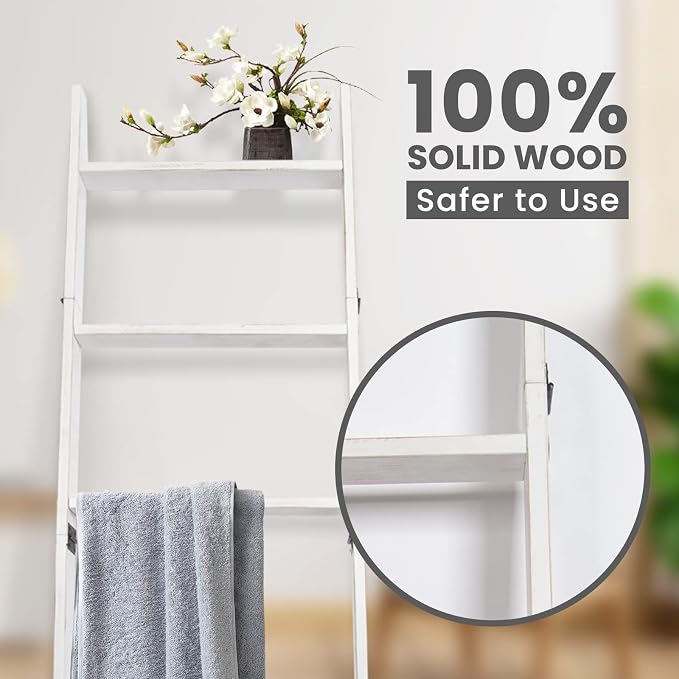 5-Tier Blanket Ladder – 4.8 Ft Wall Leaning Quilt Rack, Farmhouse Blanket Storage for Living Room, Bedroom & Bathroom – Rustic Decorative Wooden Towel & Quilt Holder, Easy to Assemble