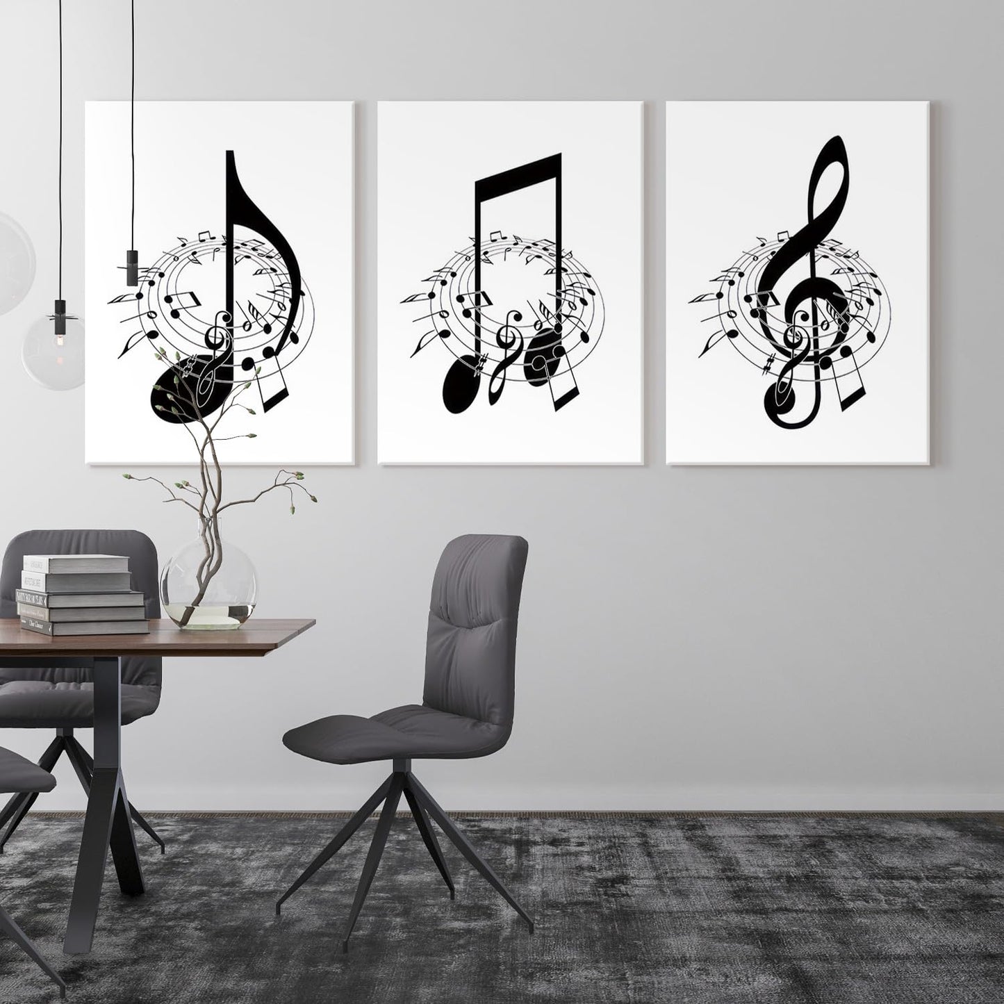 3Pcs Framed Music Notes Wall Art Black and White Music Art Pictures Prints Music Canvas Decor Musical Notes wall decor Stylish Music Room Classroom Posters(12x16in x3 Pcs Framed)