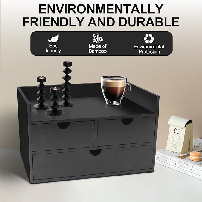 Charmewooden Desk Organizer with Drawers Countertop Drawers Organizer Tabletop Storage Organization Box Home Office Workspace Bathroom Toiletries Supplies (black with shelf)