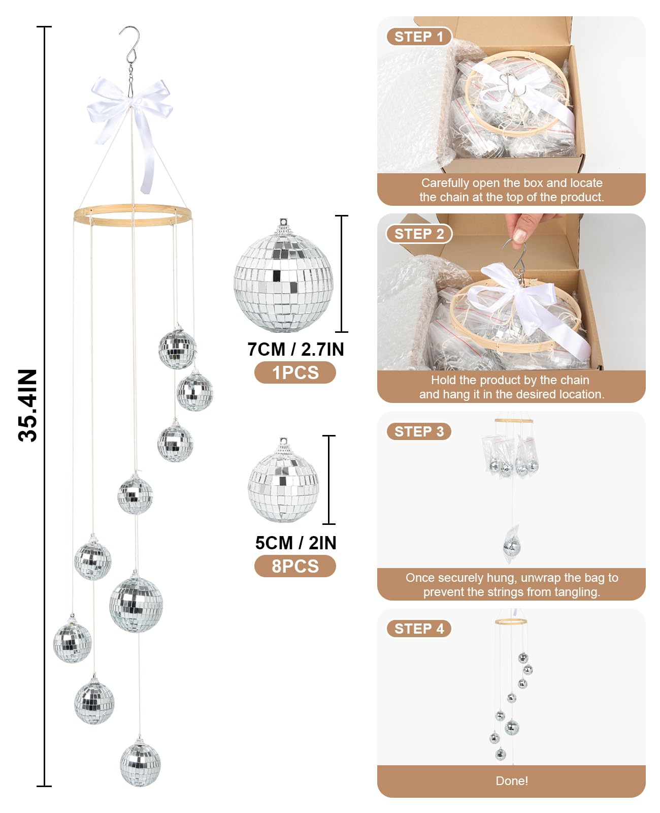 AceList Disco Ball Decor Sun Catcher Hanging Spiral Spinner 35 Inch Handmade Spiral Design with Big Disco Balls for Window Home Party Wedding Birthday Decoration, Indoor Use