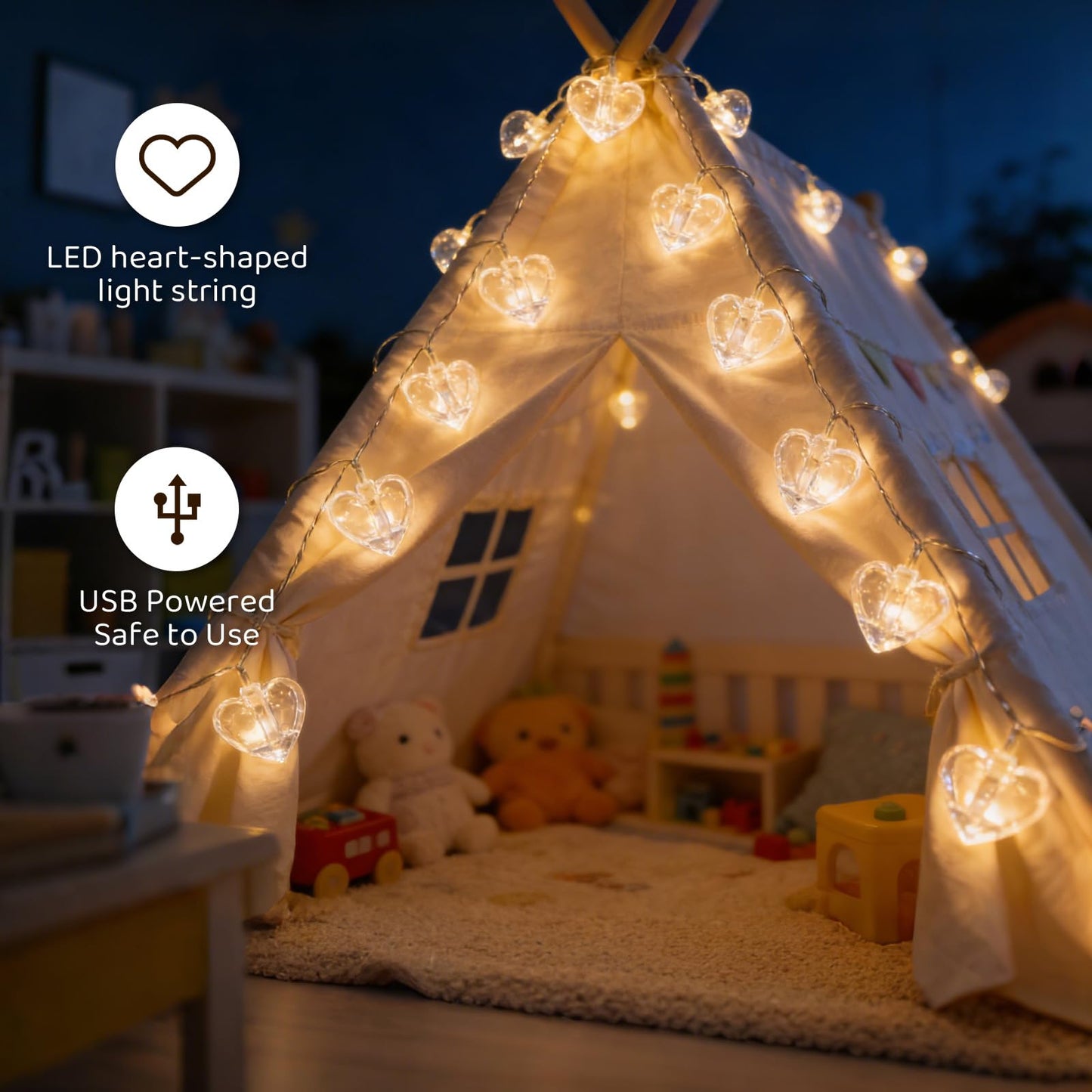 20 Photo String with Clips for Hanging Pictures,9.85Ft Valentine's Day Clear Photo Clip Lights for Wall Bedroom Wedding Birthday Party Home Decorations (Heart-USB)