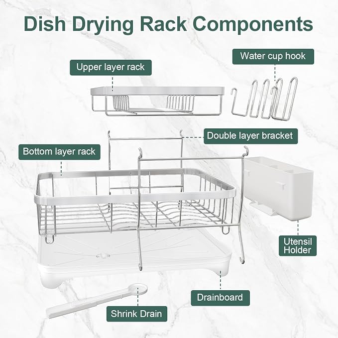 LIYI Dish Drying Rack,Large Dish Rack for Kitchen Counter,2-Tier Dish Racks with draining Tray,Detachable Capacity Dish Drainer Organizer,White