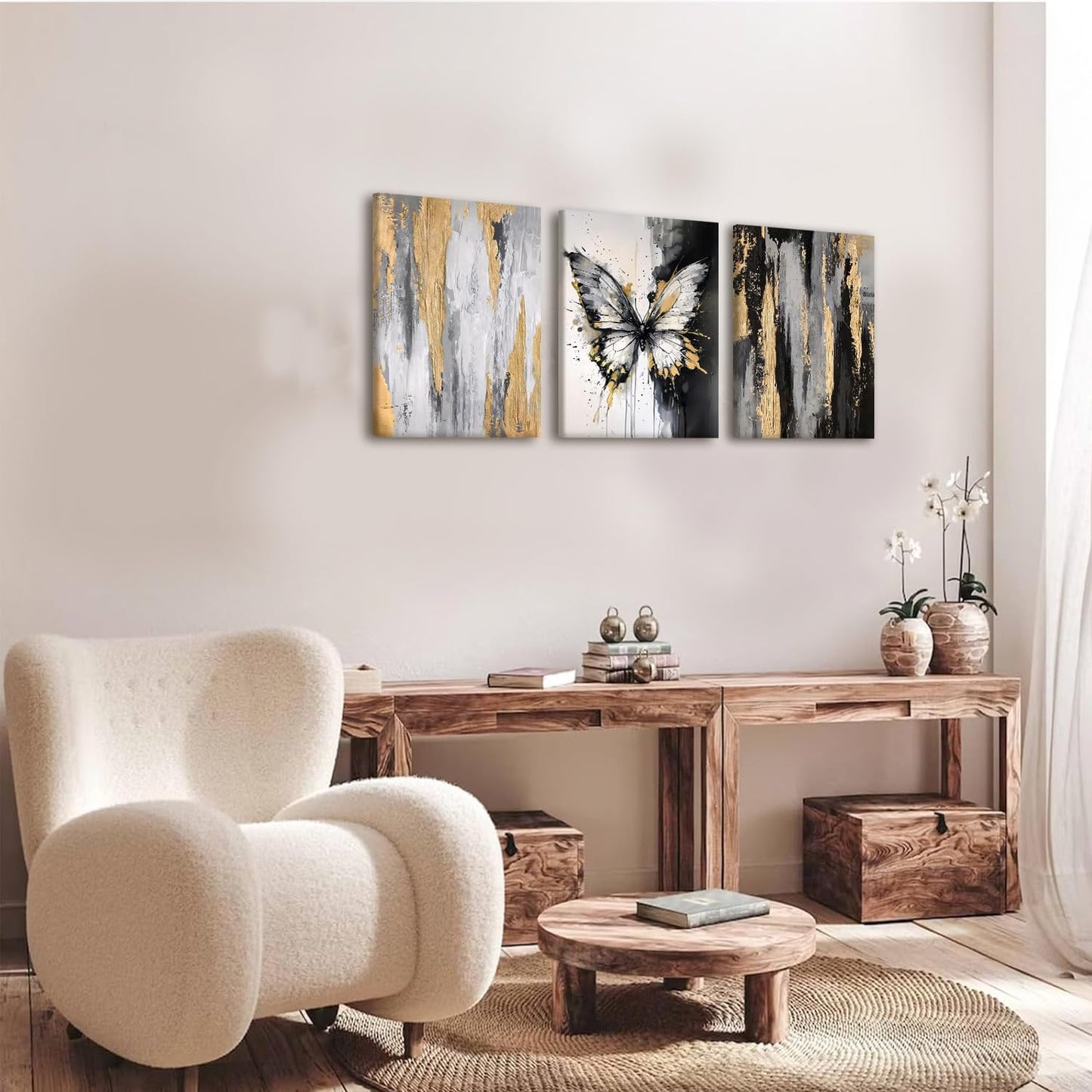 NCCXNCC 3Pcs Abstract Black and Gold Flowing Butterfly Canvas Wall Art Modern Minimalist Wall Decoration Artwork Black and White Abstract Poster Print Suitable for Living Room/Office12x16Inch Framed
