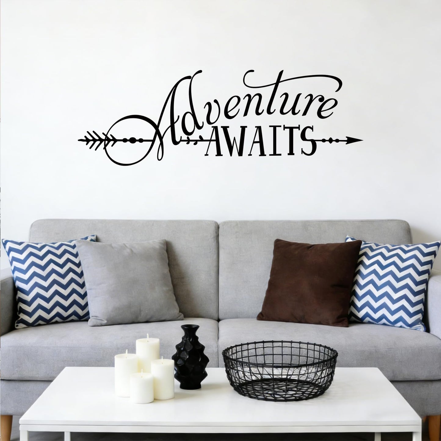 BATTOO Adventure Awaits Wall Decal Quote, Vinyl Lettering with Arrow, Adventure Quote Travel Wall Decal Sticker 22" W 7.5" H, Tribal Theme Room Decor, Black