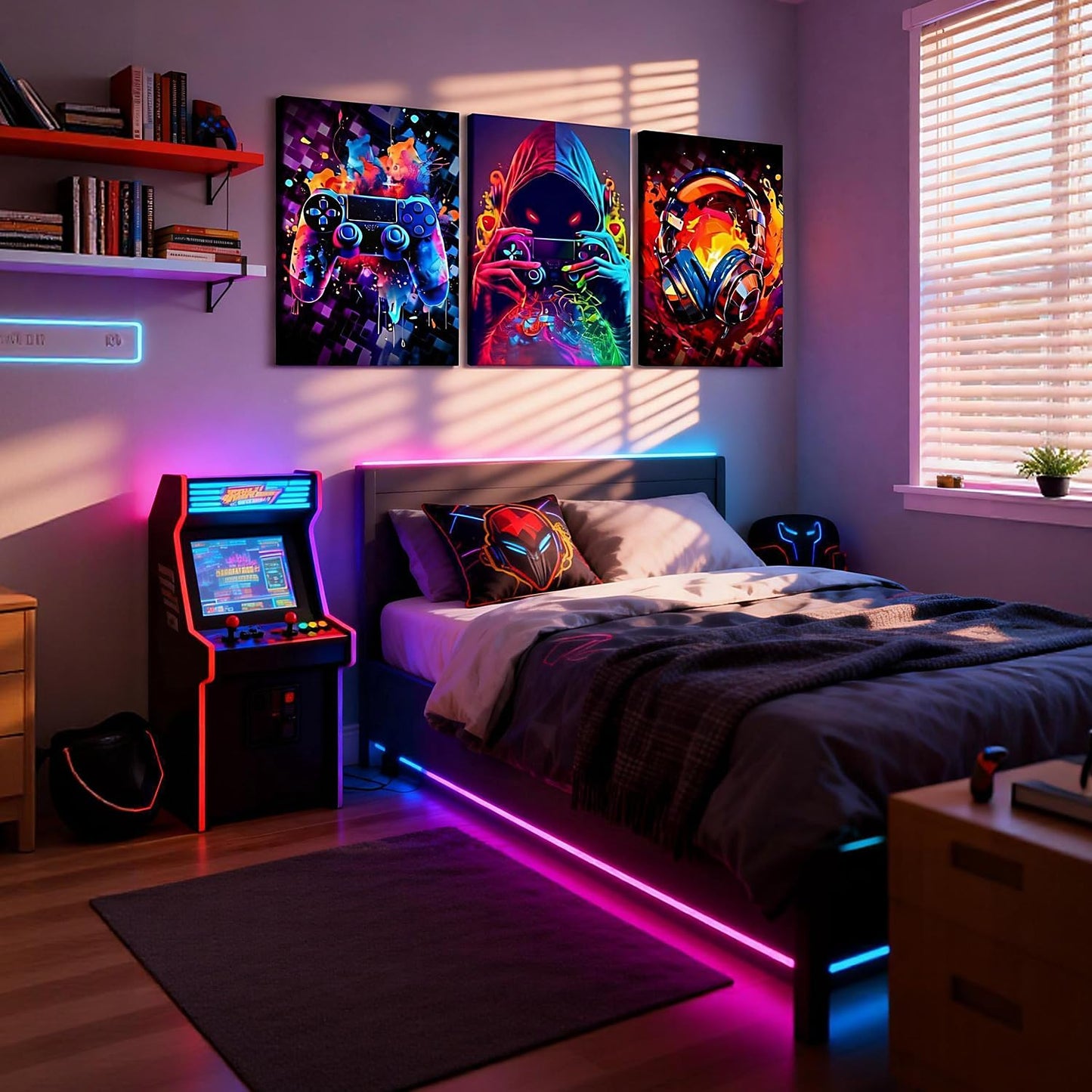 LYYGLYY 3Pcs Framed Cool Gaming Canvas Wall Art, Neon Video Game Printed Wall Art, Gamer Bedroom Artwork for Walls, Dazzling Headset Gamepad Poster Wall Decor for Gaming Room, Boys Room 12x16 Inches