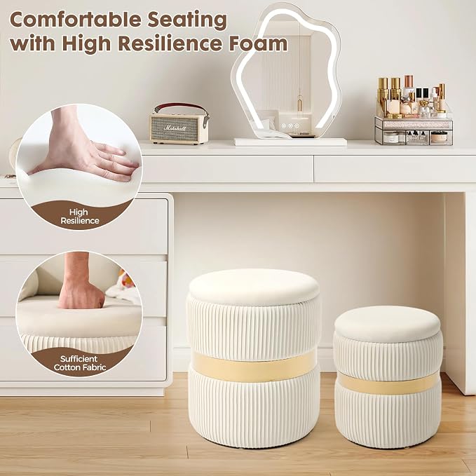 YYW HOME Velvet Round Ottoman with Storage Set of 2 for Livingroom Small Foot Stool Ottoman for Living Room Small Coffee Table Vanity Stool with Storage for Bedroom White