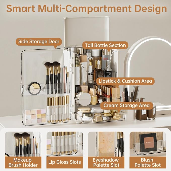 HAIXIN Makeup Organizer for Vanity, Large Capacity Skincare Organizer with Drawers, Top Opening Cosmetic Storage for Bathroom Countertop, Lipstick & Perfume Organizer (White)