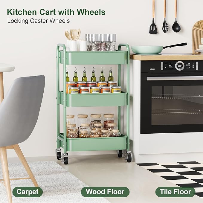 3 Tier Rolling Storage Cart Metal with Wheels, Green Baby Diaper Caddy Carts, Three Tiered Craft Cart Organizer on Wheels, Utility Roller Trolley for Art, Book, Snack, Office, Laundry, Bathroom Shelf