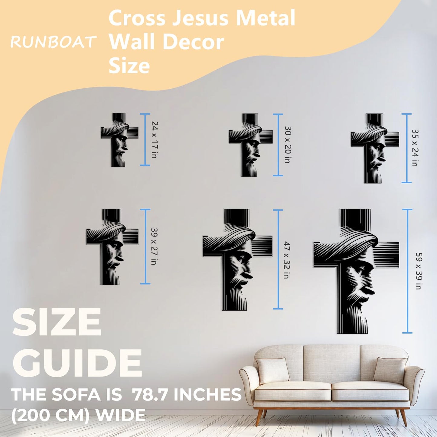 Metal Jesus Cross Wall Decor, Modern Christian Wall Art Sign, Black Metal Religious Hanging for Home Office Prayer Room, Framed Wall Decoration Ready to Hang (Gold, 35x24in|90x62cm)