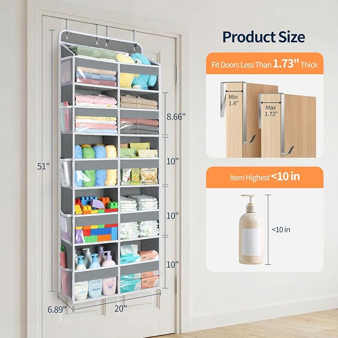 Yecaye Over The Door Organizer, 5 Tier Extra Large Behind Door Storage of 10 Compartments, 80lbs Heavy Duty Door Organizer Hanging with Clear Window for Closet Bedroom Pantry Bathroom, Grey