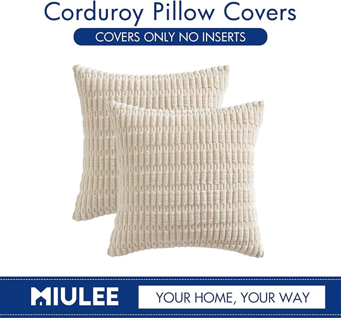 MIULEE Pack of 4 Corduroy Decorative Throw Pillow Covers 18x18 Inch Soft Boho Striped Pillow Covers Modern Farmhouse Home Decor for Sofa Living Room Couch Bed Cream White