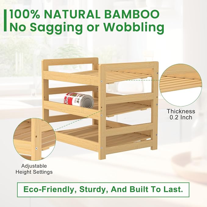 Bamboo Rolling Can Organizer for Pantry, Stackable 3 Tier Canned Food Storage Rack for Kitchen Can Storage Organizer Set with Can Opener & Hooks for Cabinet & Countertop, Holds up to 36 Cans