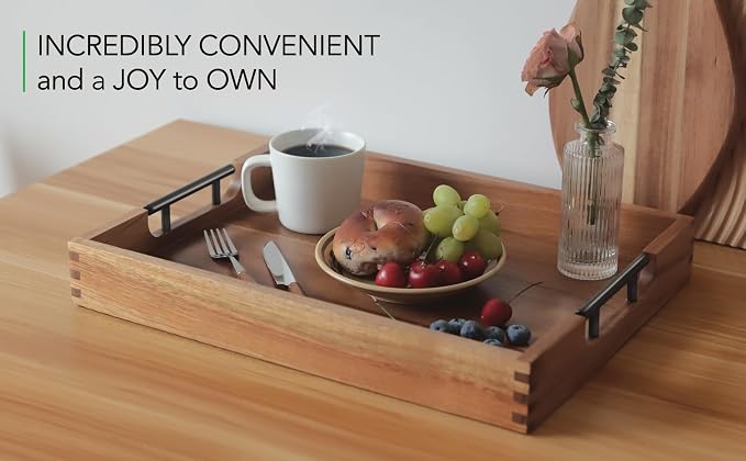 Joy&Grace Ottoman Tray for Living Room, Large Acacia Wooden Serving Tray with Handles for Coffee Table, Breakfast in Bed, Food Dinner, Decorative Tray (Color Natural, 16.7" x 12.8" x 2")