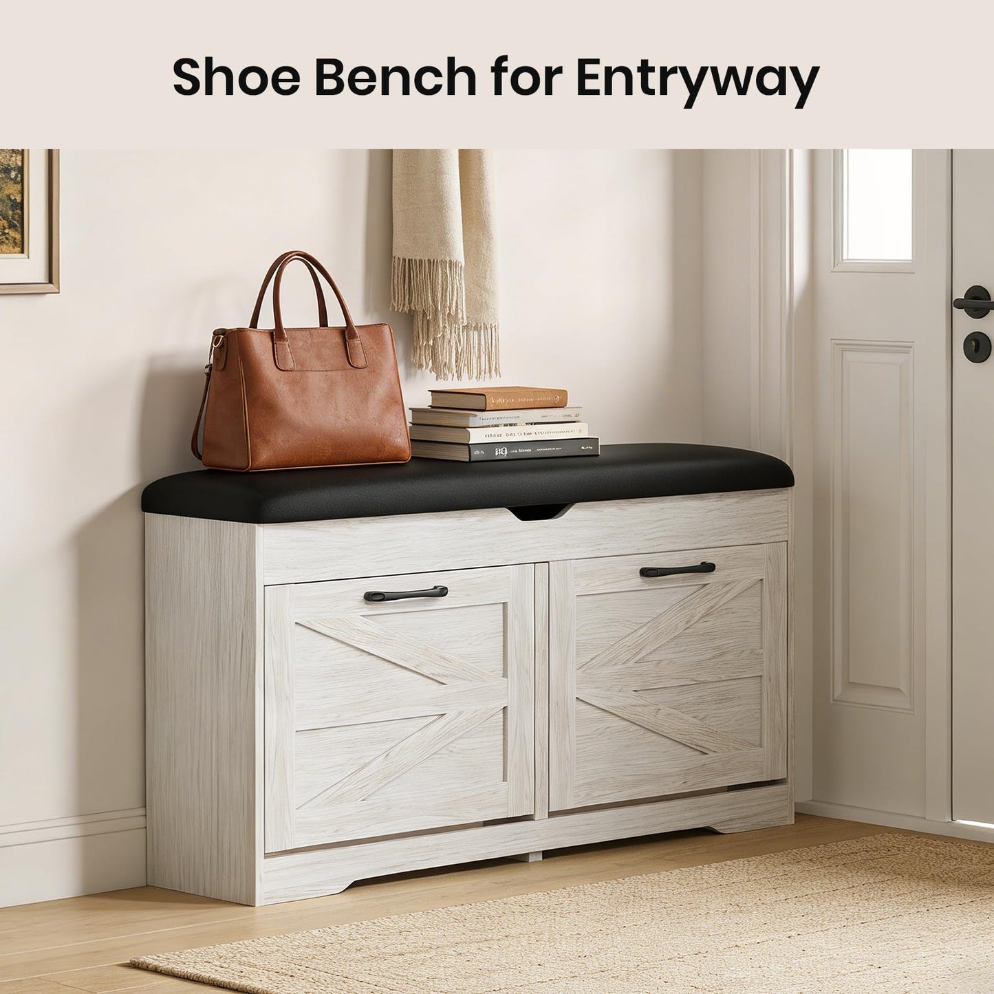 VitoEone Shoe Storage Bench Cushion, Entryway Bench with Storage, End of Bed Shoe Benches, Small Shoe Rack Benches, Entry Way Shoes Cabinet for Entryway, Bedroom, Living Room, Farmhouse, White