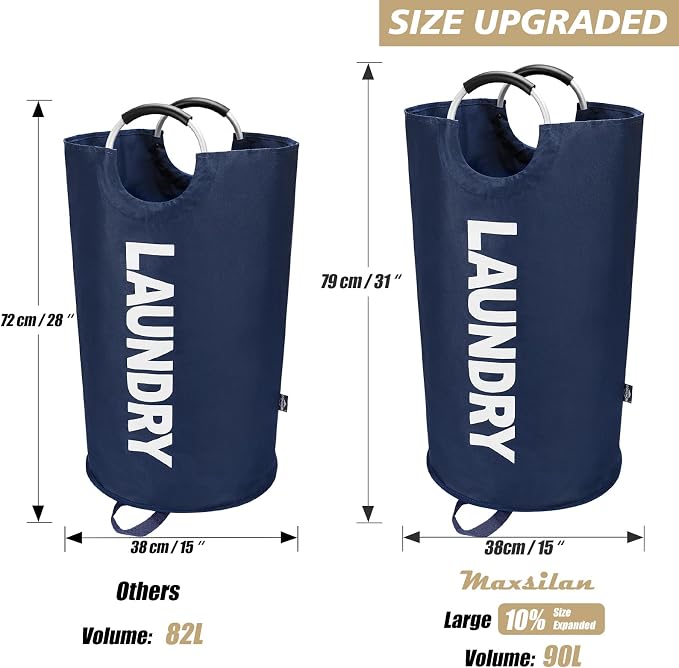 Maxsilan 90L Large Laundry Basket, Freestanding Tall Clothes Hamper, Collapsible Laundry Bag, Dark Blue