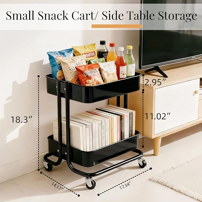 2 Tier Cart with Wheels Heavy Duty Metal Rolling Storage Cart for Under Desk Storage, Short Small Utility Shelf for Pantry Kitchen Bathroom Laundry, Home Organizer with Large Basket, Black